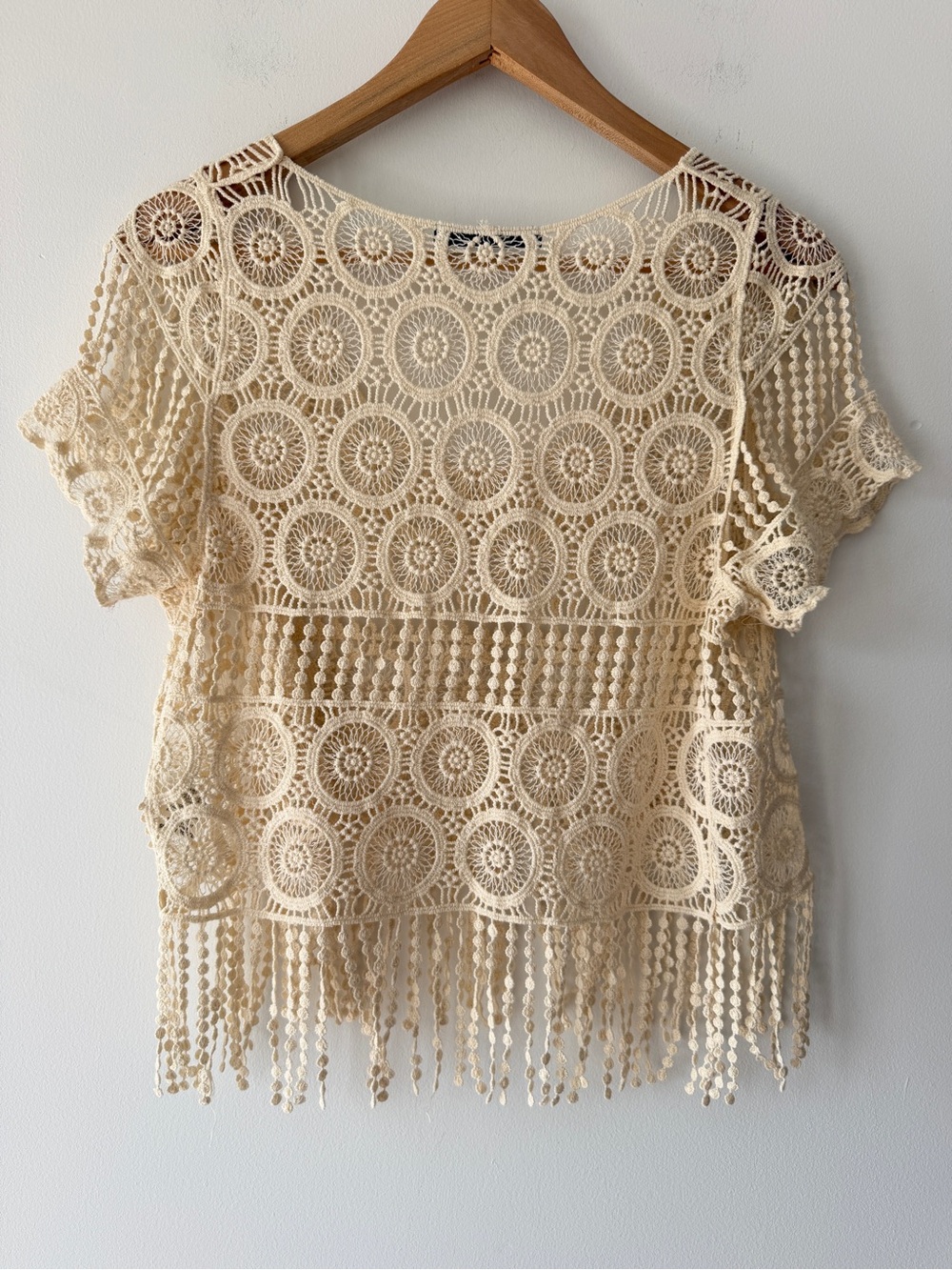 Dulcie Crochet Fringe Short Sleeve Top - Cream small boho festival - Picture 2 of 5
